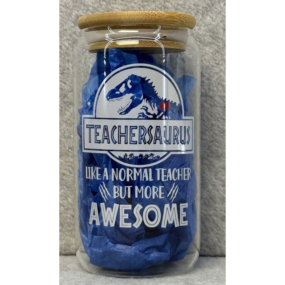Gifts for Teacher Glass Cup Tumbler Straw Bamboo Lid Teachersaurus Can Glass